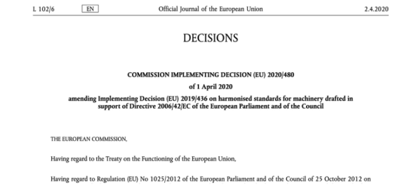 機械指令2006/42 / EC：歐盟委員會更新了歐洲協調標準清單
